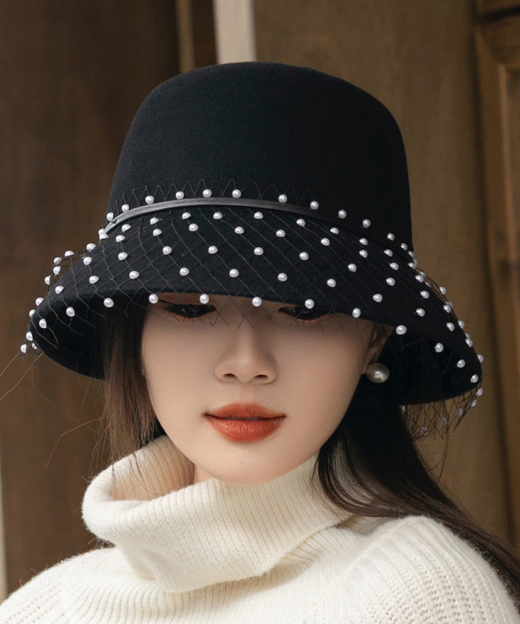 Black Tulle Nail Bead Woolen Bucket Hat