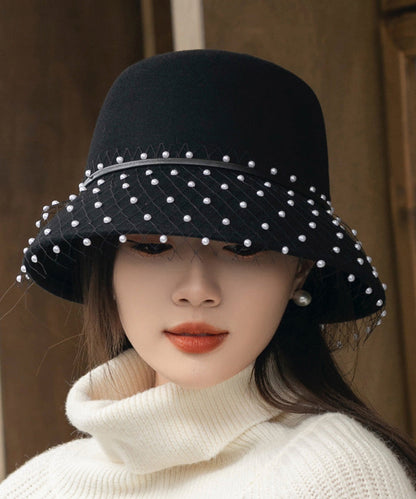Black Tulle Nail Bead Woolen Bucket Hat