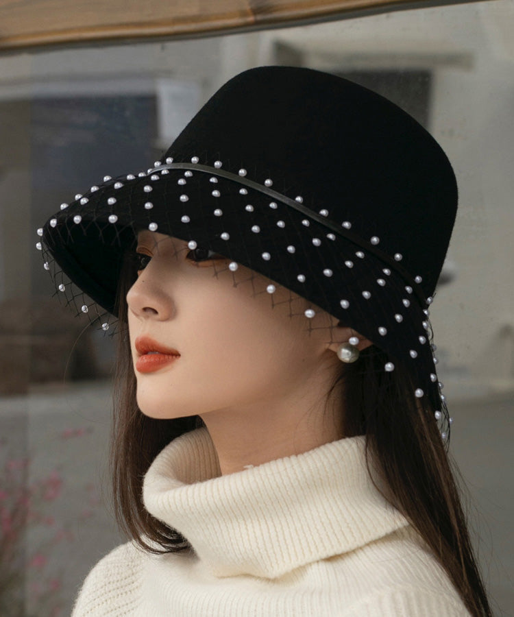 Black Tulle Nail Bead Woolen Bucket Hat