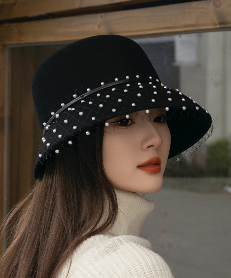 Black Tulle Nail Bead Woolen Bucket Hat