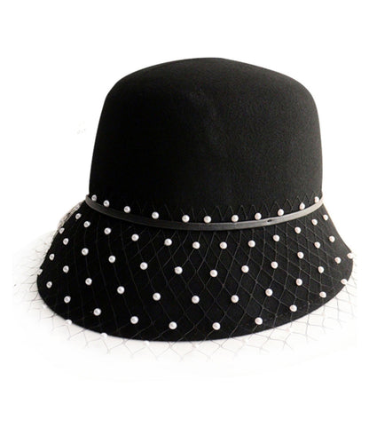 Black Tulle Nail Bead Woolen Bucket Hat