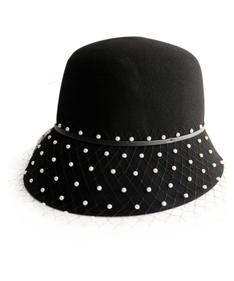 Black Tulle Nail Bead Woolen Bucket Hat