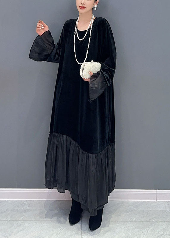 Black Tulle Patchwork Silk Velour Maxi Dress Fall