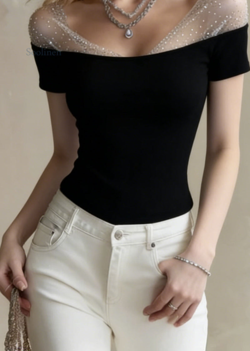 Black Tulle Zircon Patchwork Cotton Top Summer