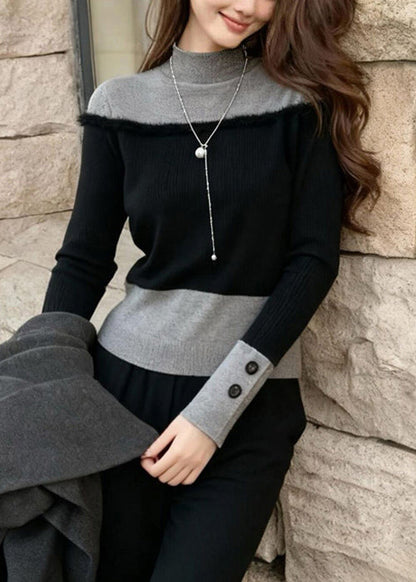 Black Turtleneck Patchwork False Two Pieces Knit Sweater Winter