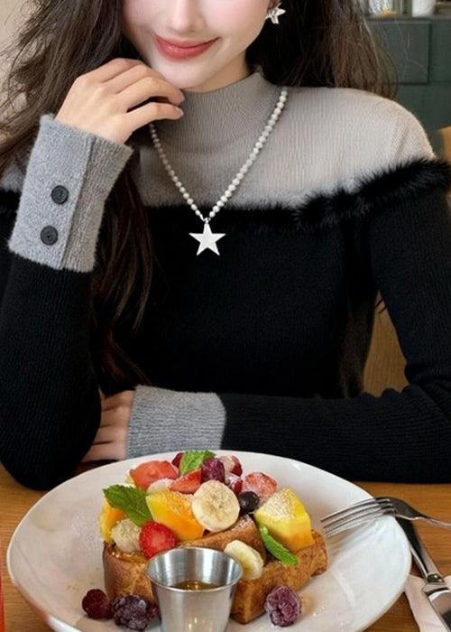 Black Turtleneck Patchwork False Two Pieces Knit Sweater Winter