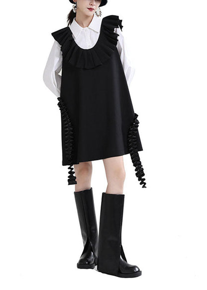 Black U Neck Patchwork Ruffles Fall Dress Sleeveless