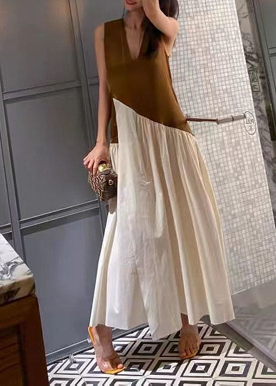 Black V Neck Asymmetrical Patchwork Cotton Dress Sleeveless