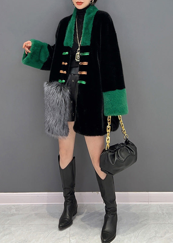 Black V Neck Button Mink Velvet Thick Coats Winter
