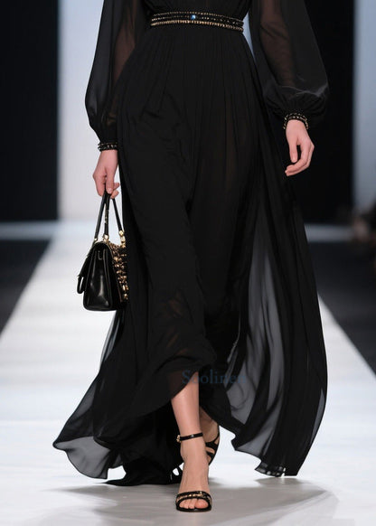 Black V Neck Exra Large Hem Chiffon Long Dresses Summer
