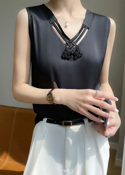 Black V Neck Hollow Out Silk Tank Sleeveless
