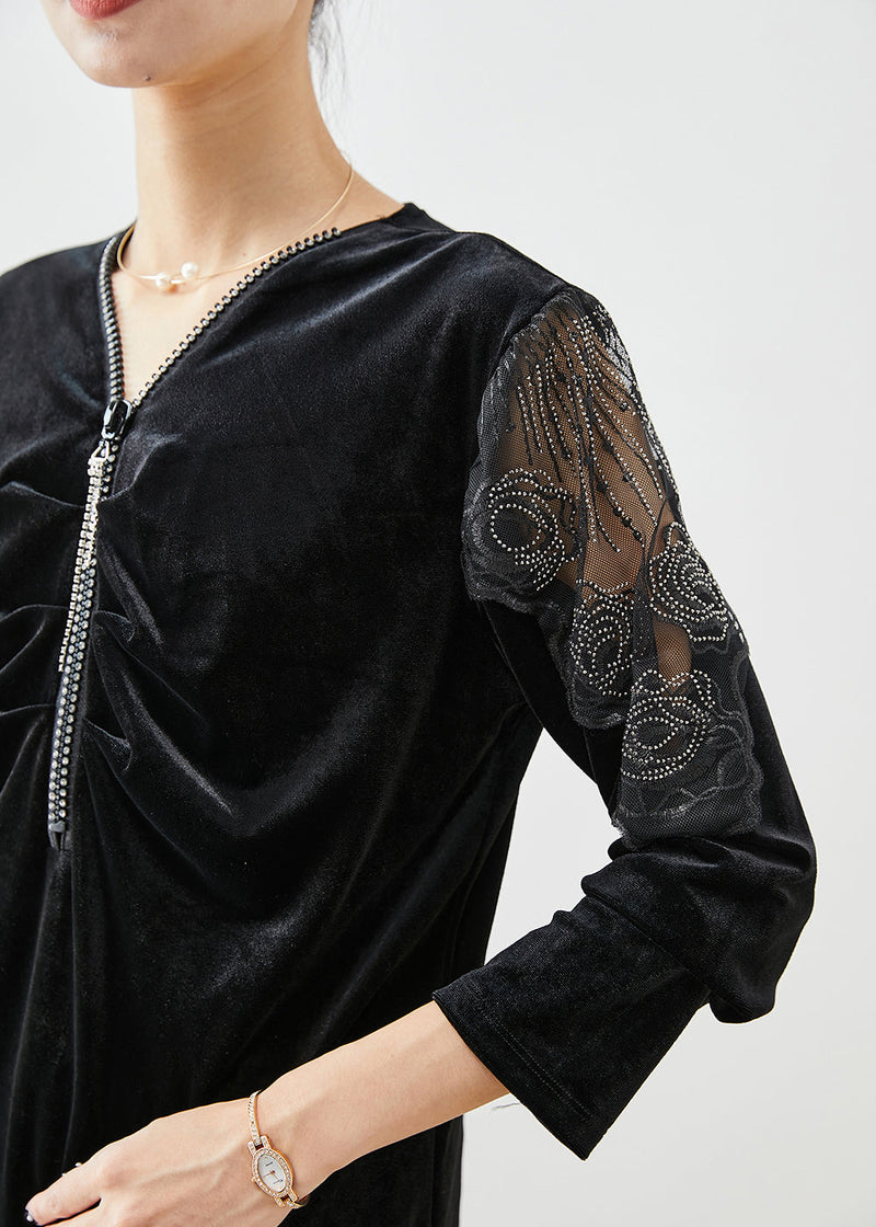 Black V Neck Hollow Out Silk Velour Blouses Fall