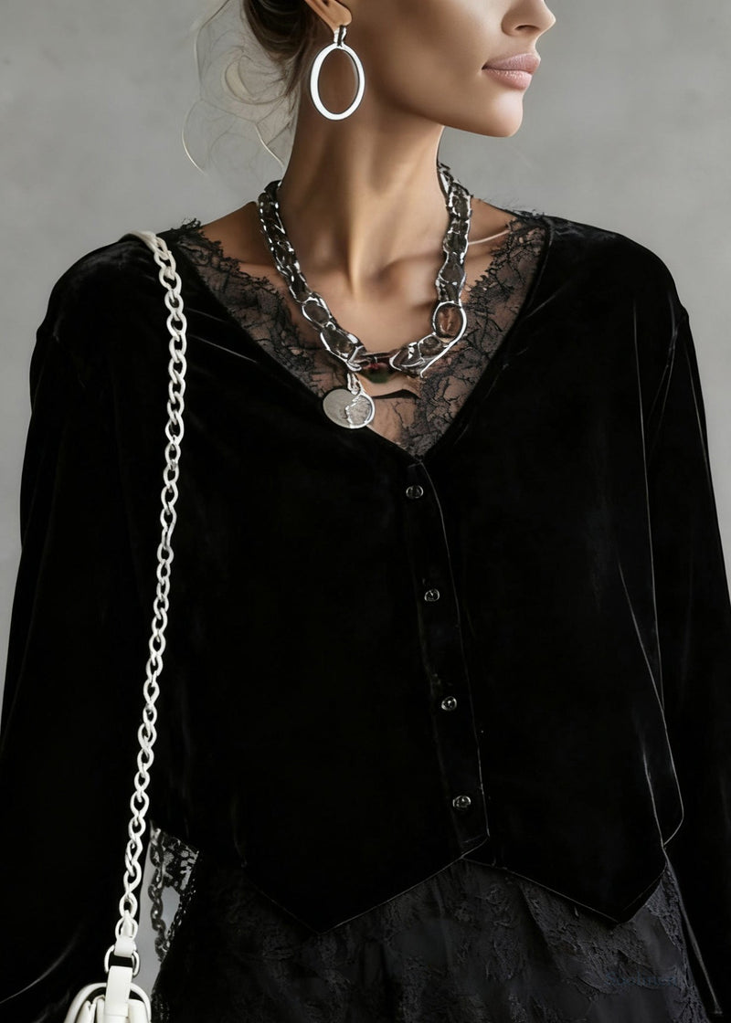 Black V Neck Lace Patchwork Velour Shirt Spring