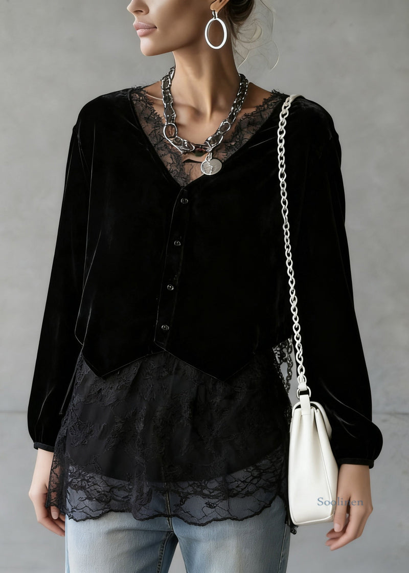 Black V Neck Lace Patchwork Velour Shirt Spring