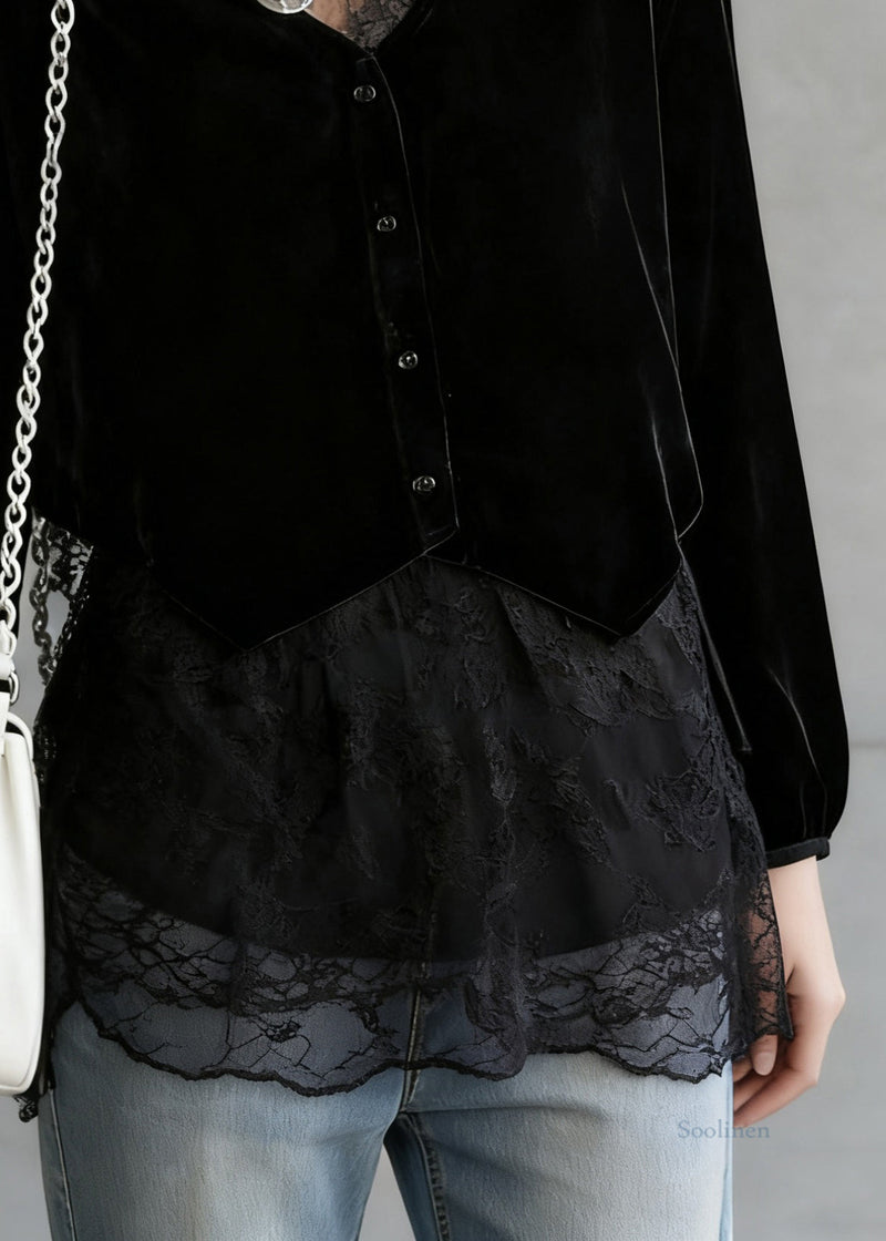 Black V Neck Lace Patchwork Velour Shirt Spring