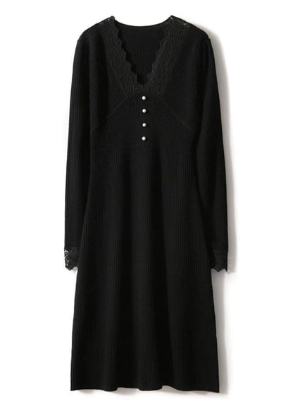 Black V Neck Lace Patchwork Woolen Dress Fall