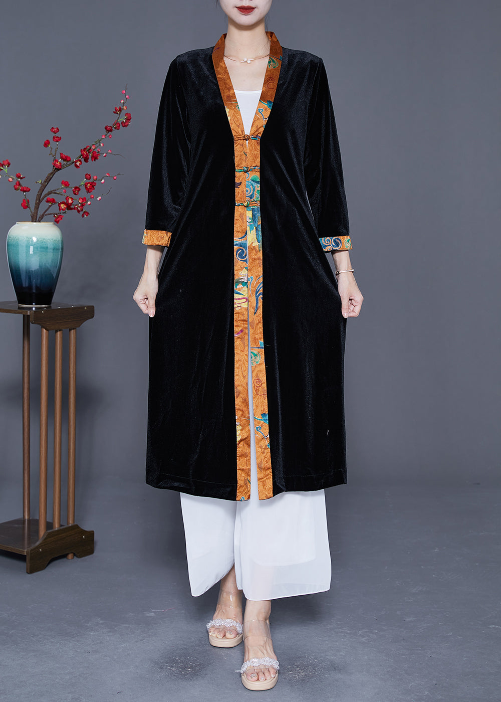Black V Neck Patchwork Chinese Button Silk Velour Trench Coats Spring