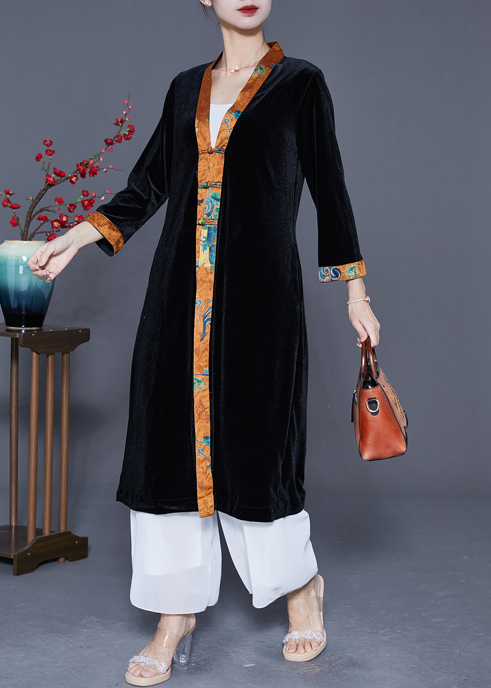 Black V Neck Patchwork Chinese Button Silk Velour Trench Coats Spring