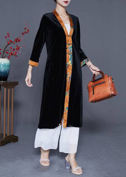 Black V Neck Patchwork Chinese Button Silk Velour Trench Coats Spring