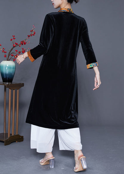 Black V Neck Patchwork Chinese Button Silk Velour Trench Coats Spring