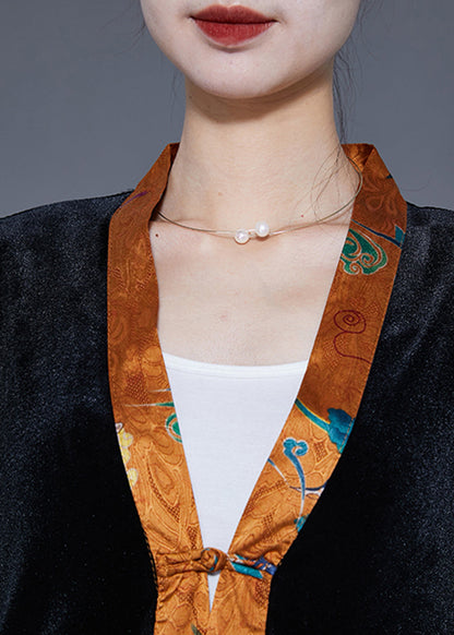 Black V Neck Patchwork Chinese Button Silk Velour Trench Coats Spring