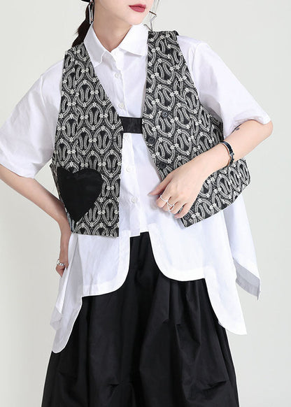 Black V Neck Patchwork Love Applique Print Cotton Vests Sleeveless