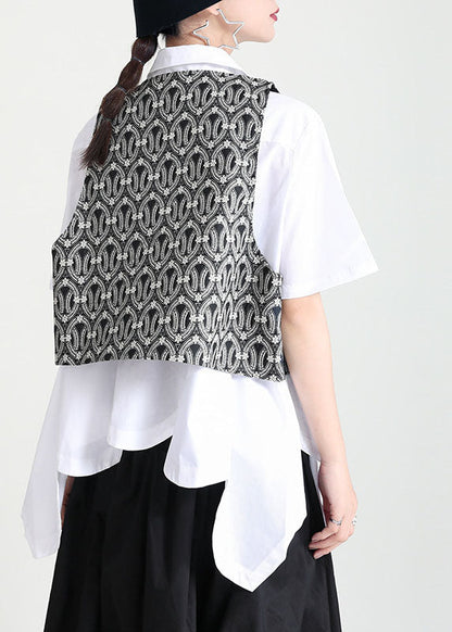 Black V Neck Patchwork Love Applique Print Cotton Vests Sleeveless