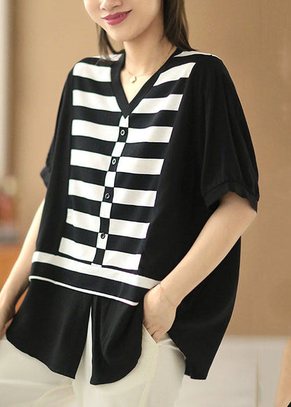 Black V Neck Patchwork Striped Silk Fake Two Piece Shirt Top Short Sleeve
