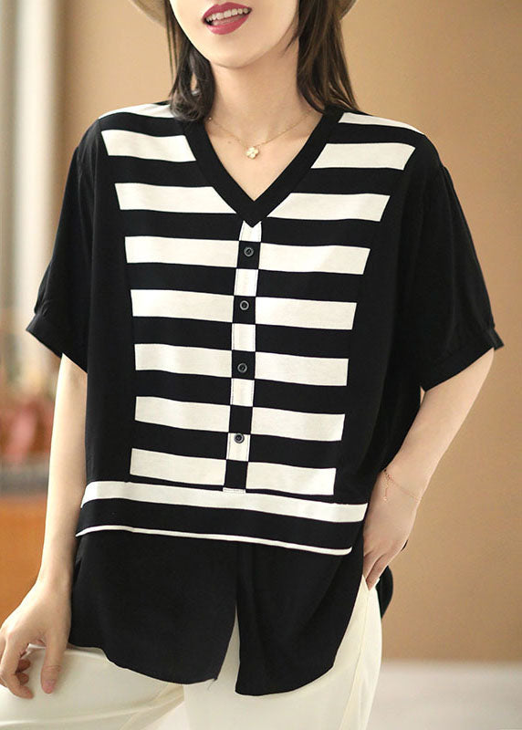 Black V Neck Patchwork Striped Silk Fake Two Piece Shirt Top Short Sleeve