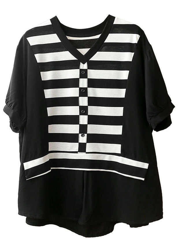 Black V Neck Patchwork Striped Silk Fake Two Piece Shirt Top Short Sleeve