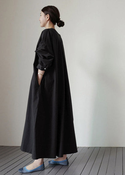 Black V Neck Pockets Cotton Dresses Long Sleeve