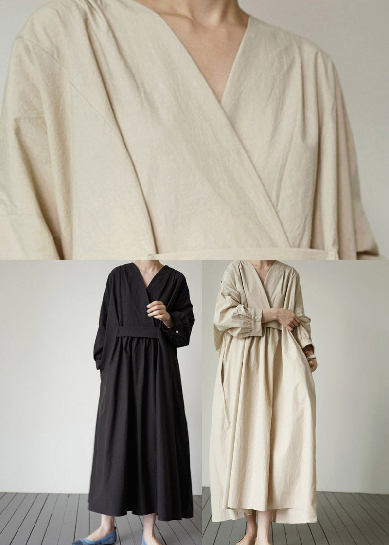 Black V Neck Pockets Cotton Dresses Long Sleeve