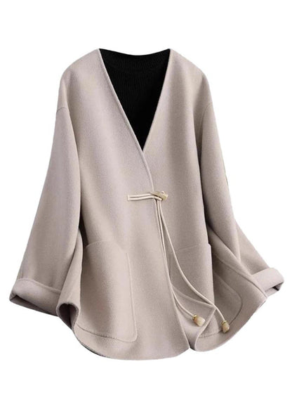 Black V Neck Pockets Woolen Coat Winter