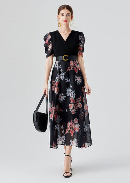 Black V Neck Print Sashes Patchwork Chiffon Long Dresses Puff Sleeve