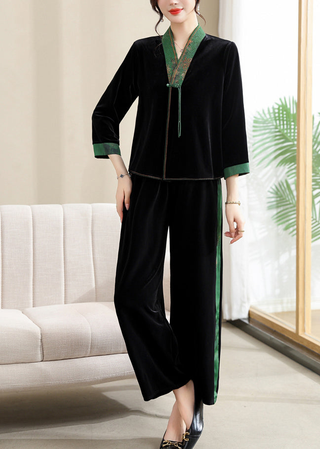 Black V Neck Print Silk Patchwork Velour Top and Wide Leg Pants Two Piece Set Long Sleeve