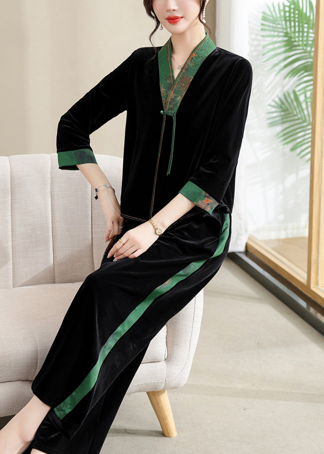 Black V Neck Print Silk Patchwork Velour Top and Wide Leg Pants Two Piece Set Long Sleeve