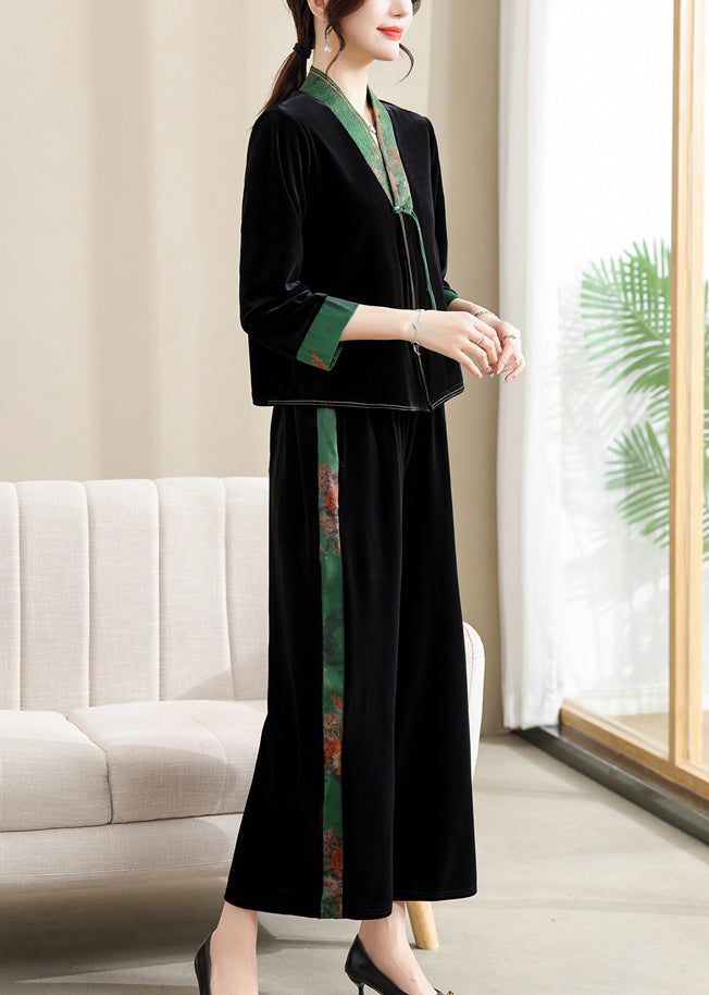 Black V Neck Print Silk Patchwork Velour Top and Wide Leg Pants Two Piece Set Long Sleeve