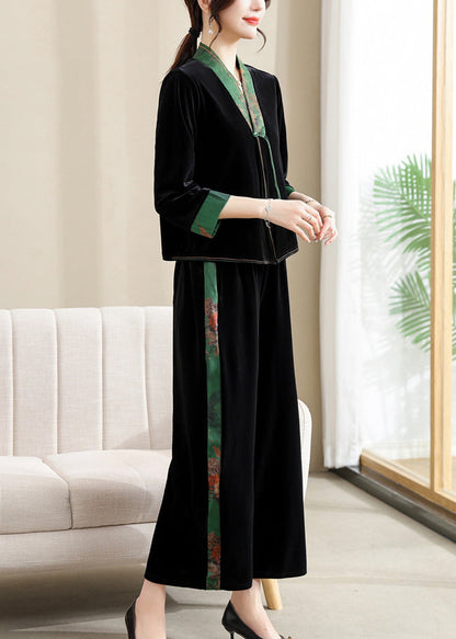 Black V Neck Print Silk Patchwork Velour Top and Wide Leg Pants Two Piece Set Long Sleeve