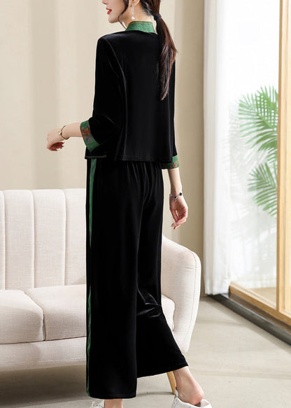 Black V Neck Print Silk Patchwork Velour Top and Wide Leg Pants Two Piece Set Long Sleeve