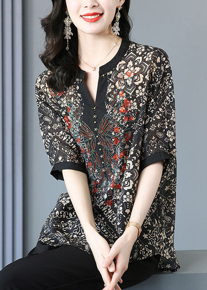 Black V Neck Print Silk Shirt for Short Sleeve