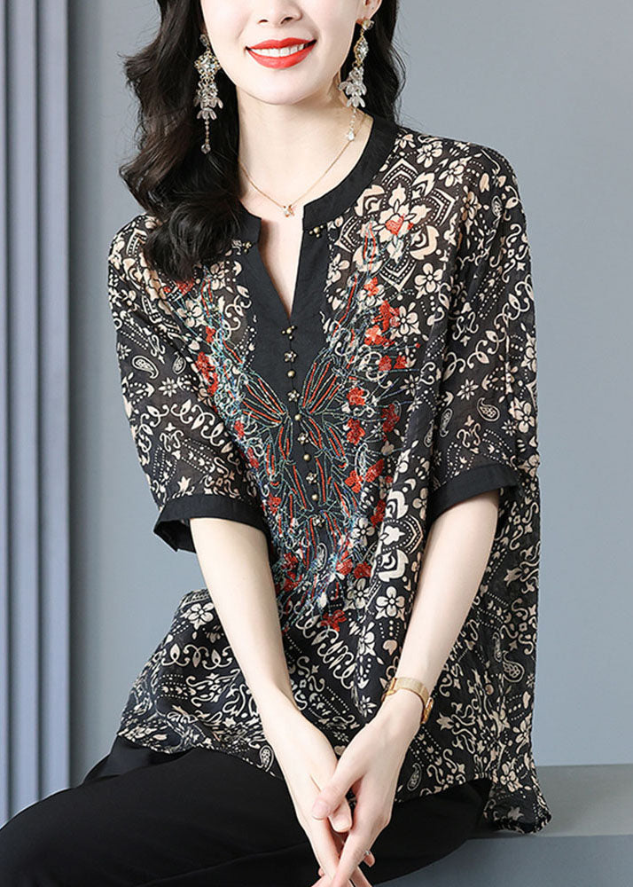 Black V Neck Print Silk Shirt for Short Sleeve