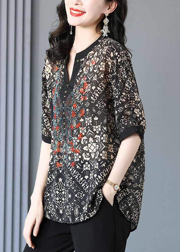 Black V Neck Print Silk Shirt for Short Sleeve