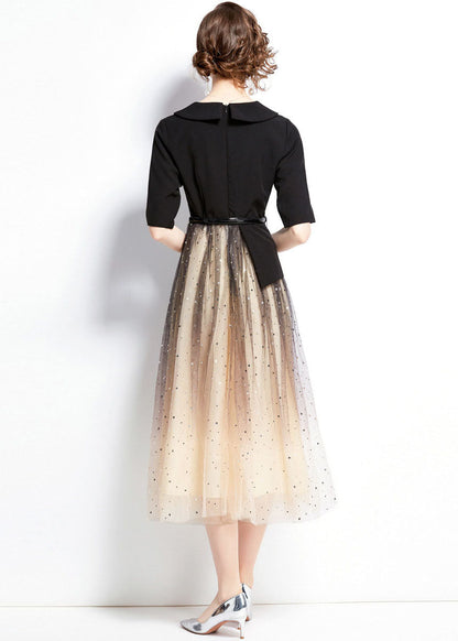 Black V Neck Sequins Tulle Patchwork Spandex Dresses Summer