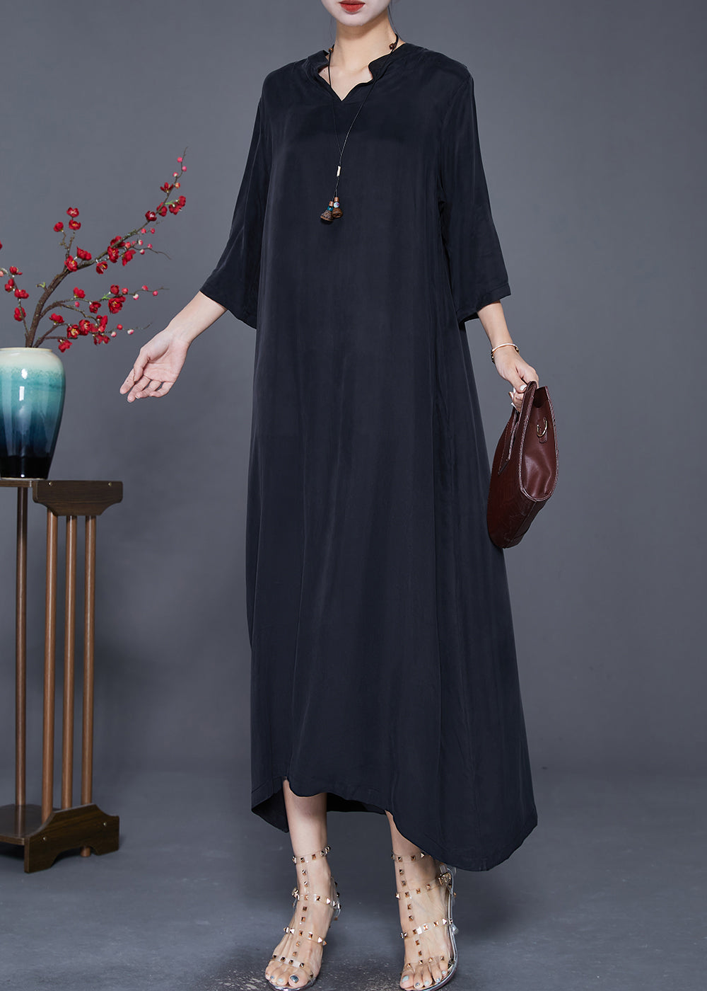 Black V Neck Side Open Silk Dresses Bracelet Sleeve