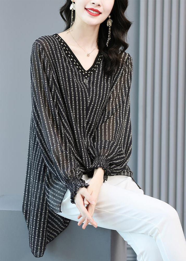 Black V Neck Striped Side Open Low High Design Chiffon Shirts Long Sleeve