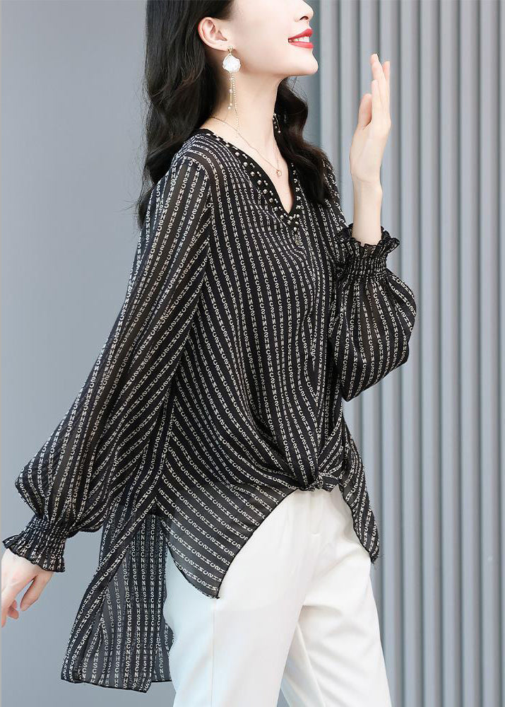 Black V Neck Striped Side Open Low High Design Chiffon Shirts Long Sleeve
