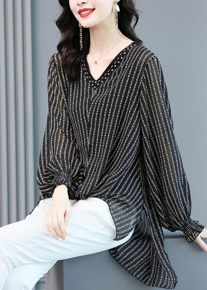 Black V Neck Striped Side Open Low High Design Chiffon Shirts Long Sleeve