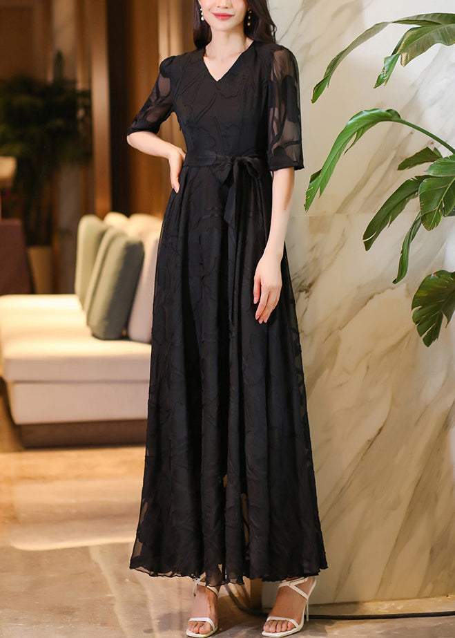 Black V Neck Tie Waist Chiffon Maxi Dresses Summer