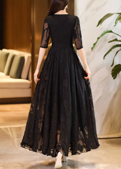 Black V Neck Tie Waist Chiffon Maxi Dresses Summer