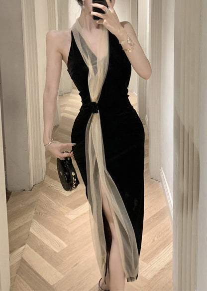 Black V Neck Tulle Patchwork Backless Silk Velvet Long Dress Summer